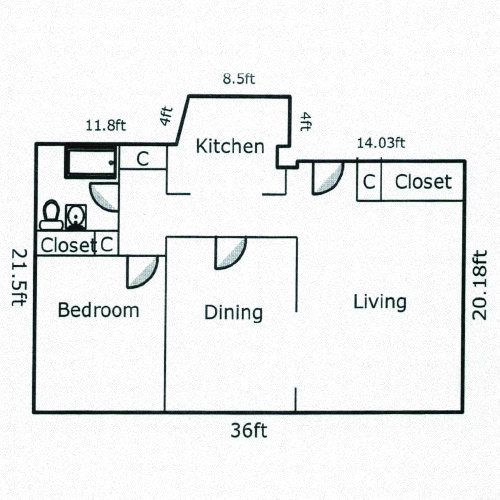 Floor plan for 1 bed, 1 bath, 752 sqft